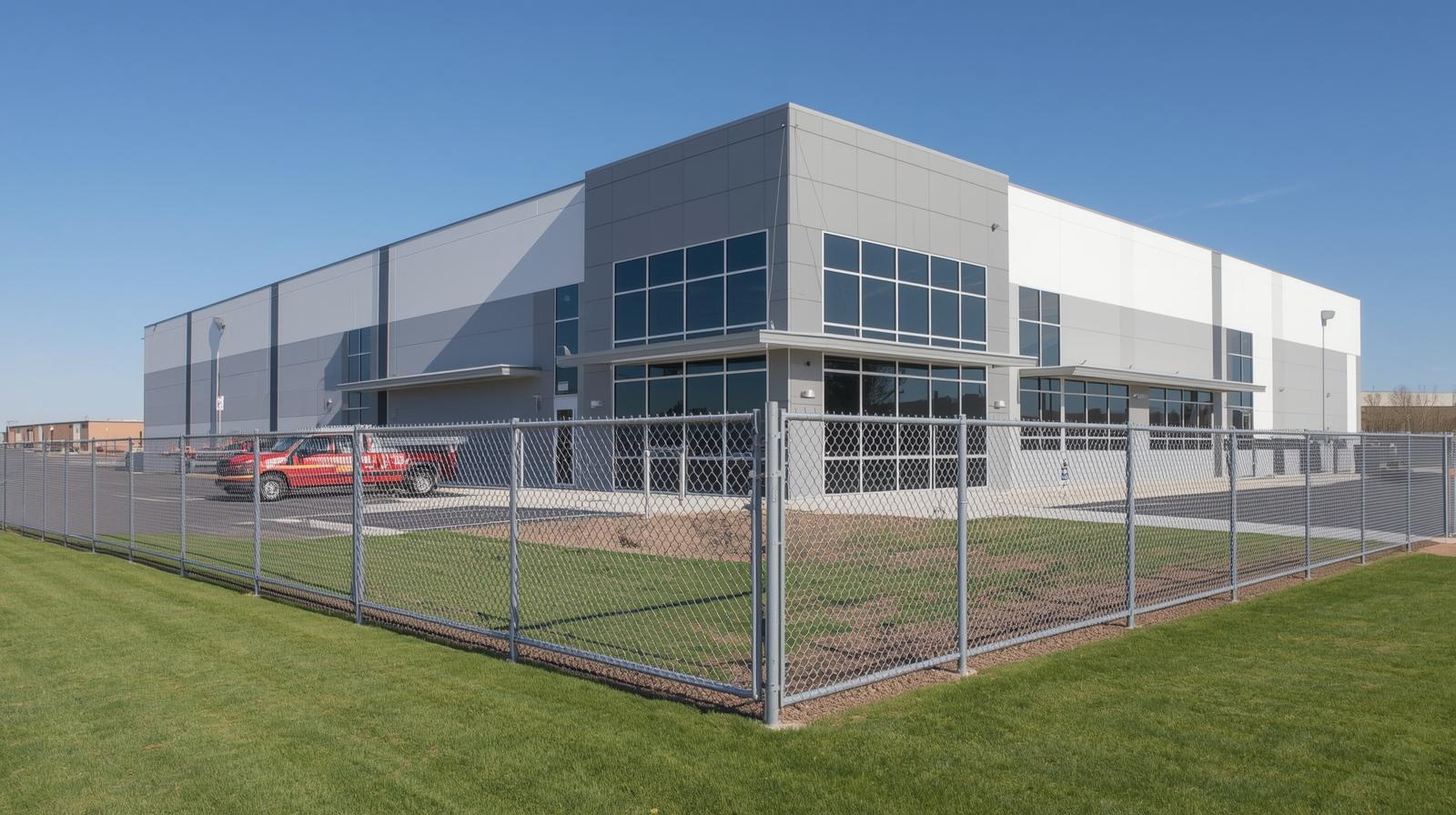 Commercial fence installation in Rockton IL surrounding warehouse or business property. Commercial fence installation in Rockton IL surrounding warehouse or business property.