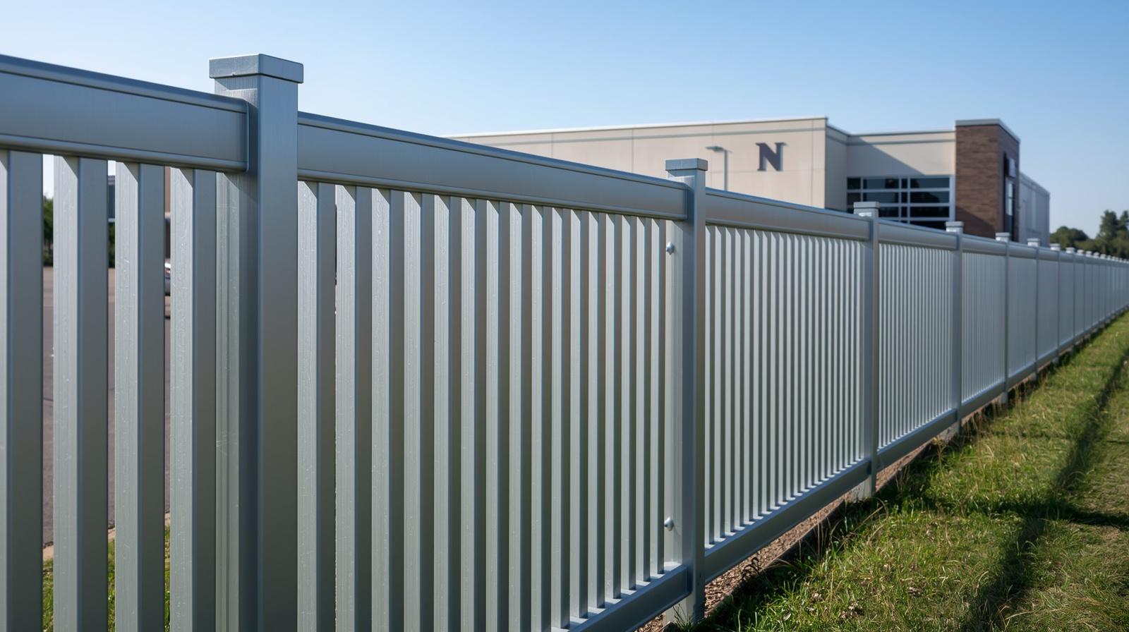 Black aluminum fence installed around commercial property in Loves Park IL. Black aluminum fence installed around commercial property in Loves Park IL.
