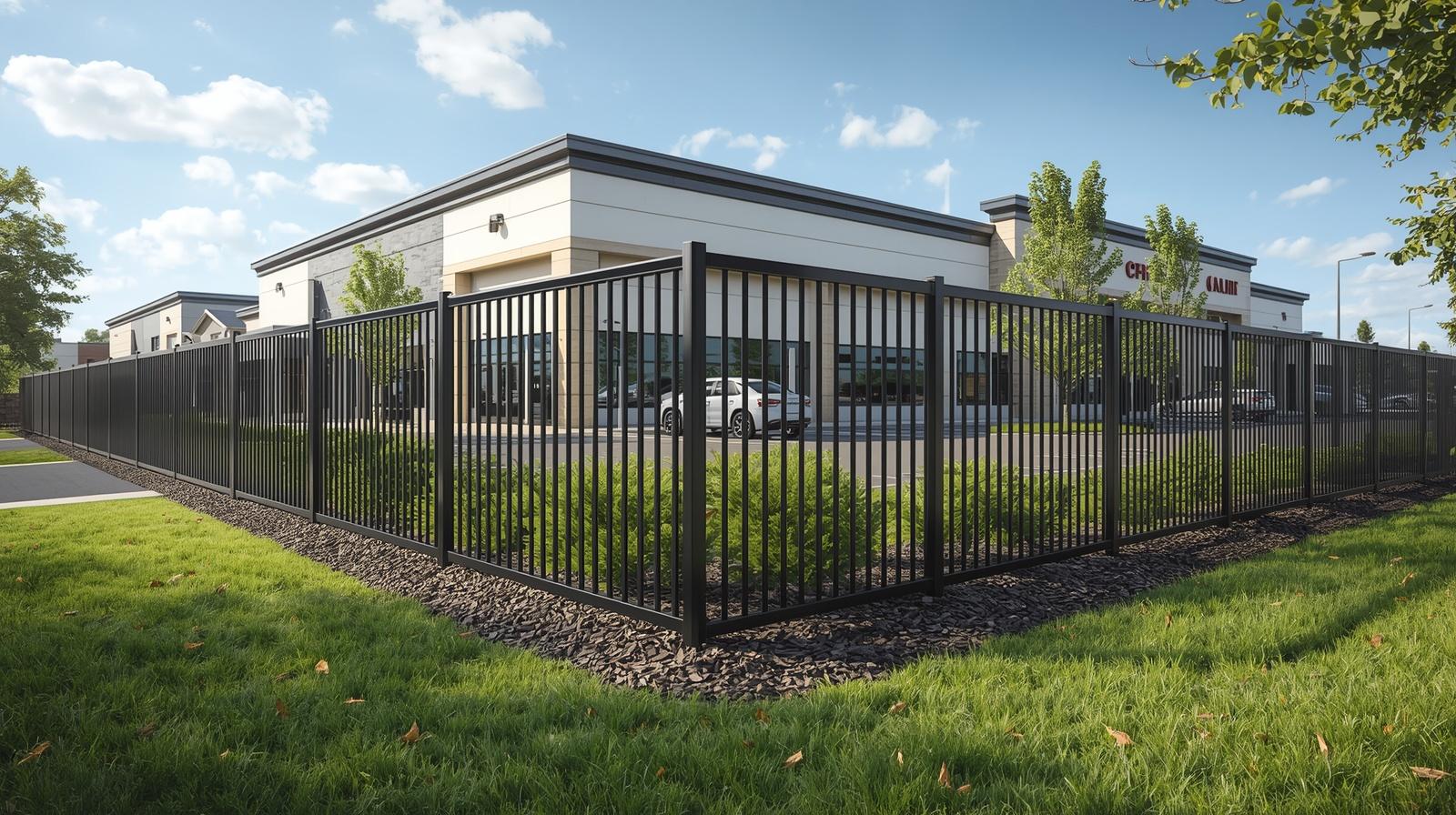 Black aluminum fence installed around commercial property in Machesney Park IL.