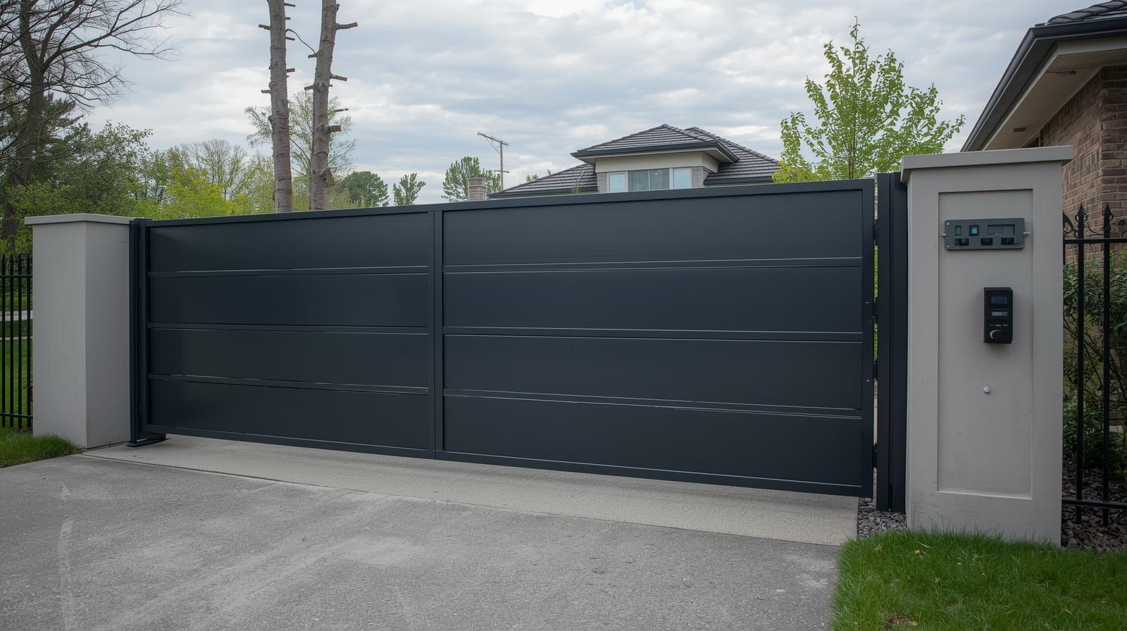 Automated commercial gate with access control system in DeKalb IL business property.