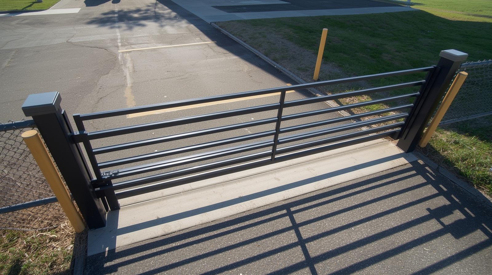 Automated commercial gate with operator system in Janesville WI business property.
