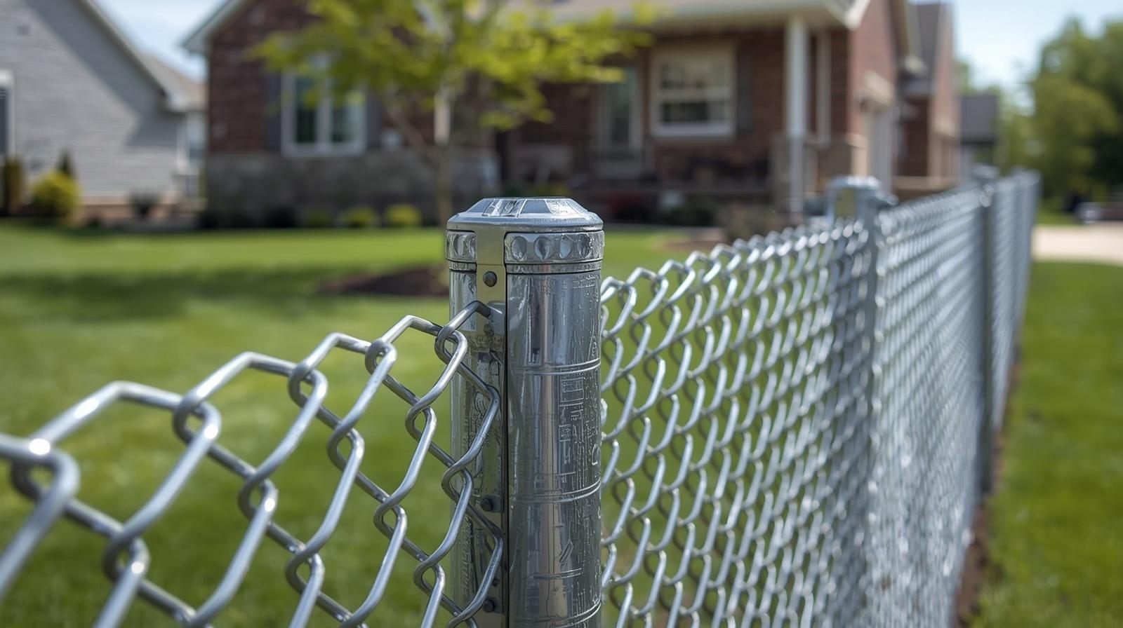 Chain link fence repair project fixing damaged sections in Hanover WI.