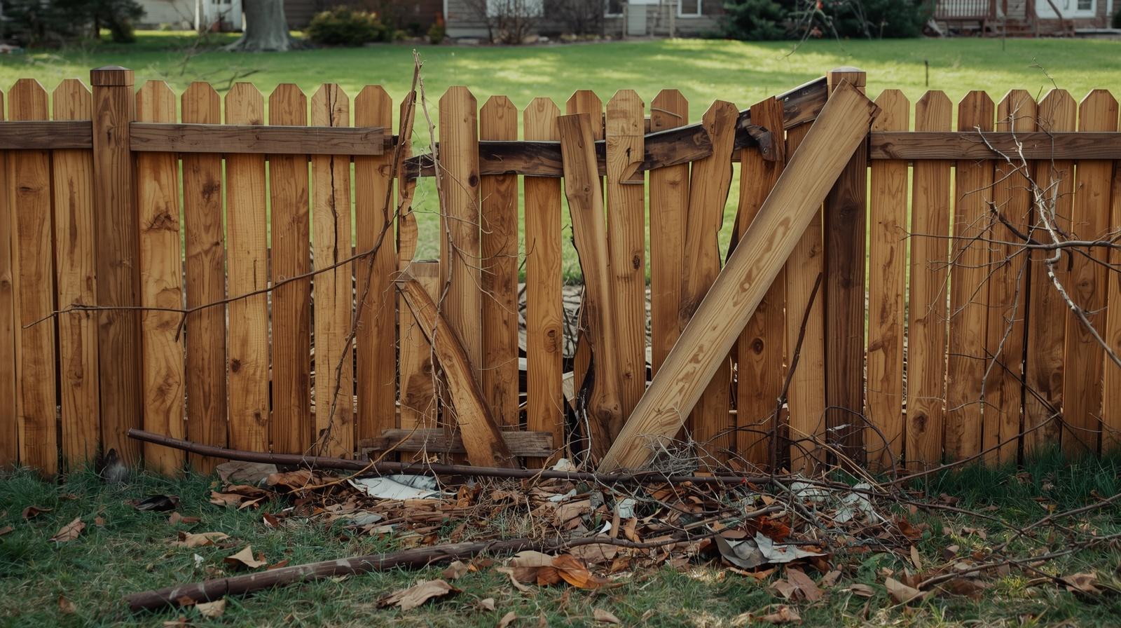 Storm-damaged fence with leaning panels and damaged posts in Roscoe IL.