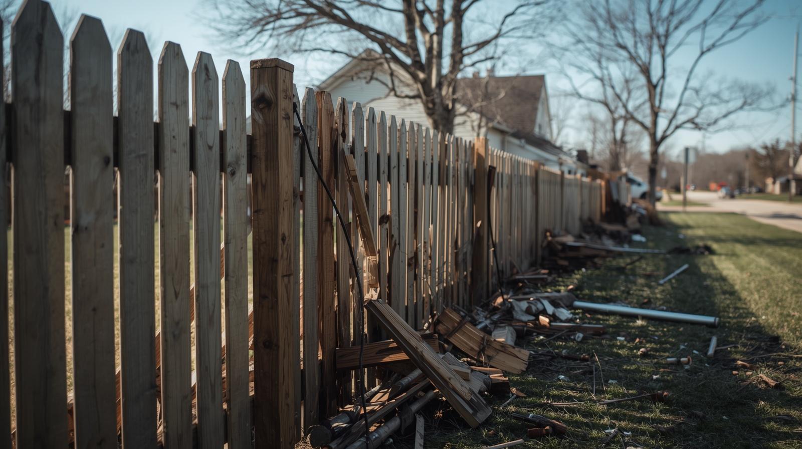 Wind-damaged fence being repaired on residential property in Albany WI. Wind-damaged fence being repaired on residential property in Albany WI.