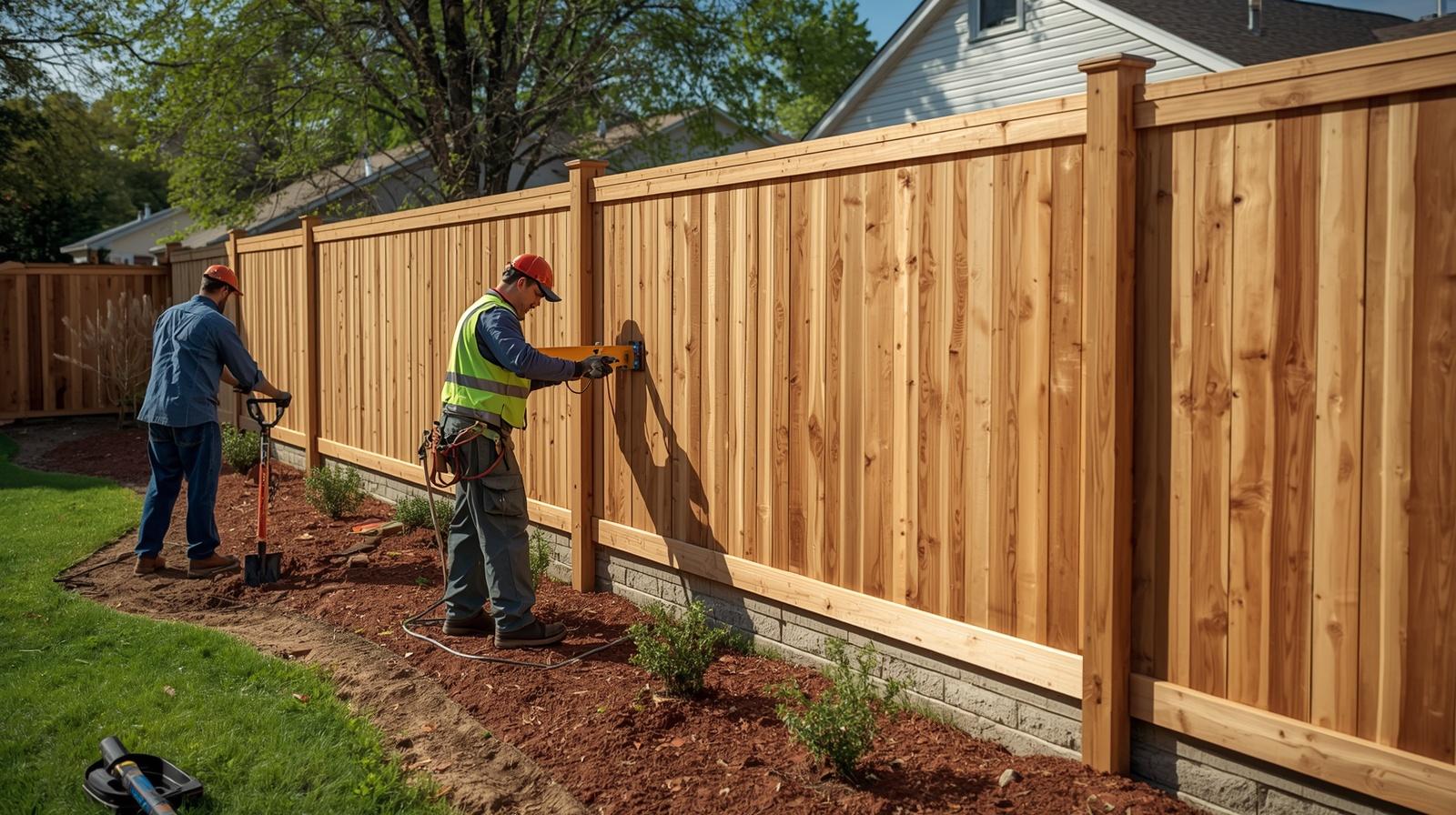 Damaged fence with broken sections and leaning posts being repaired in Marengo IL.