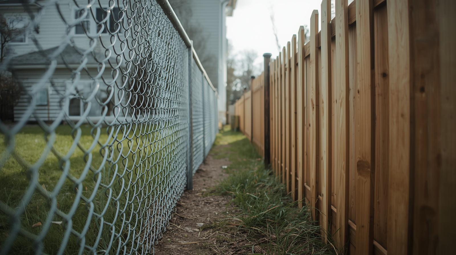 Comparison of chain link fence and wood fence installed on property in Milton WI. Comparison of chain link fence and wood fence installed on property in Milton WI.
