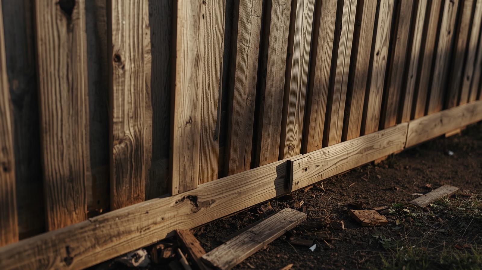 Storm-damaged fence being inspected and repaired on property in Rockford IL.