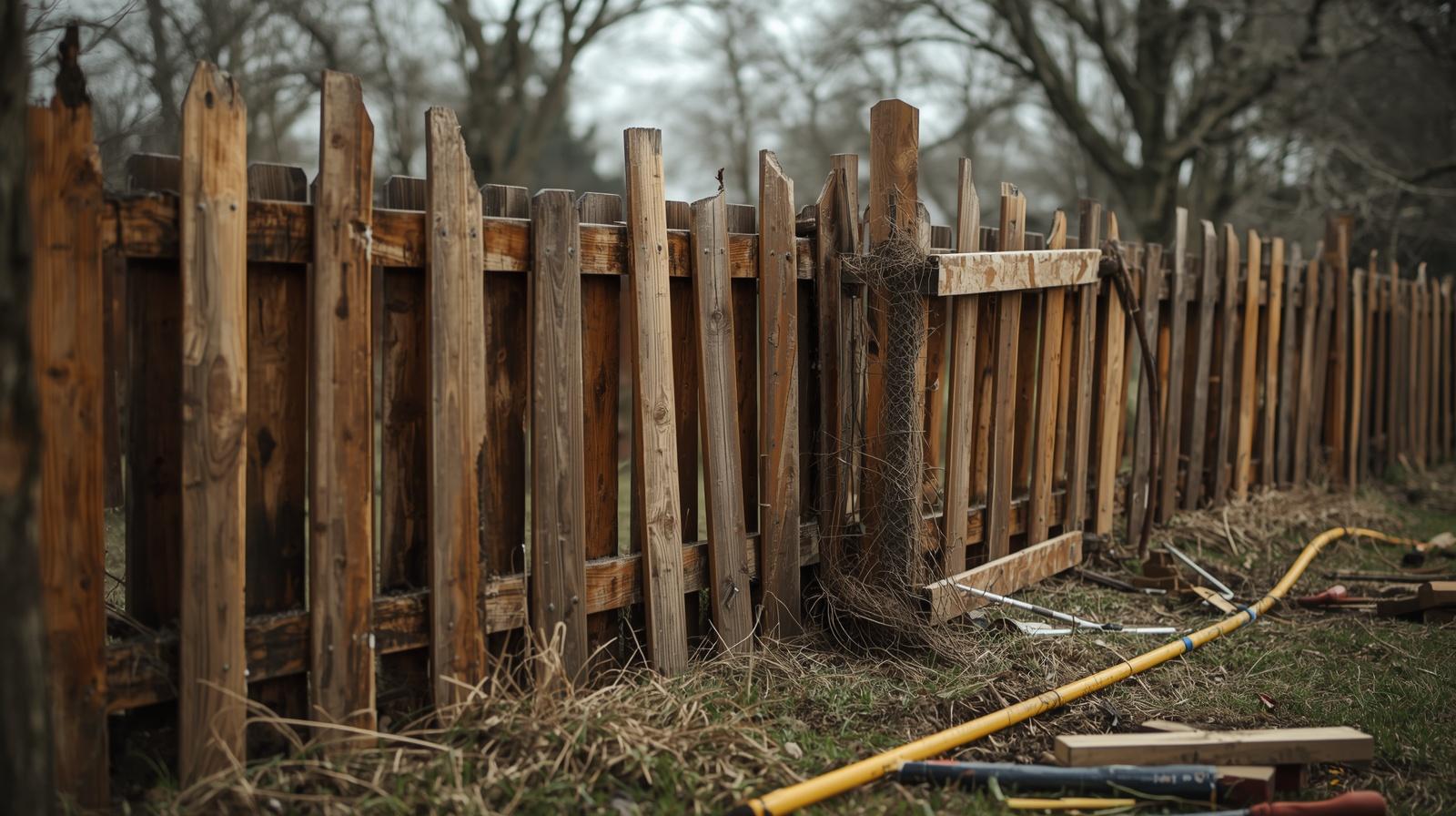 Damaged residential fence with leaning sections and broken panels in Brodhead WI. Damaged residential fence with leaning sections and broken panels in Brodhead WI.