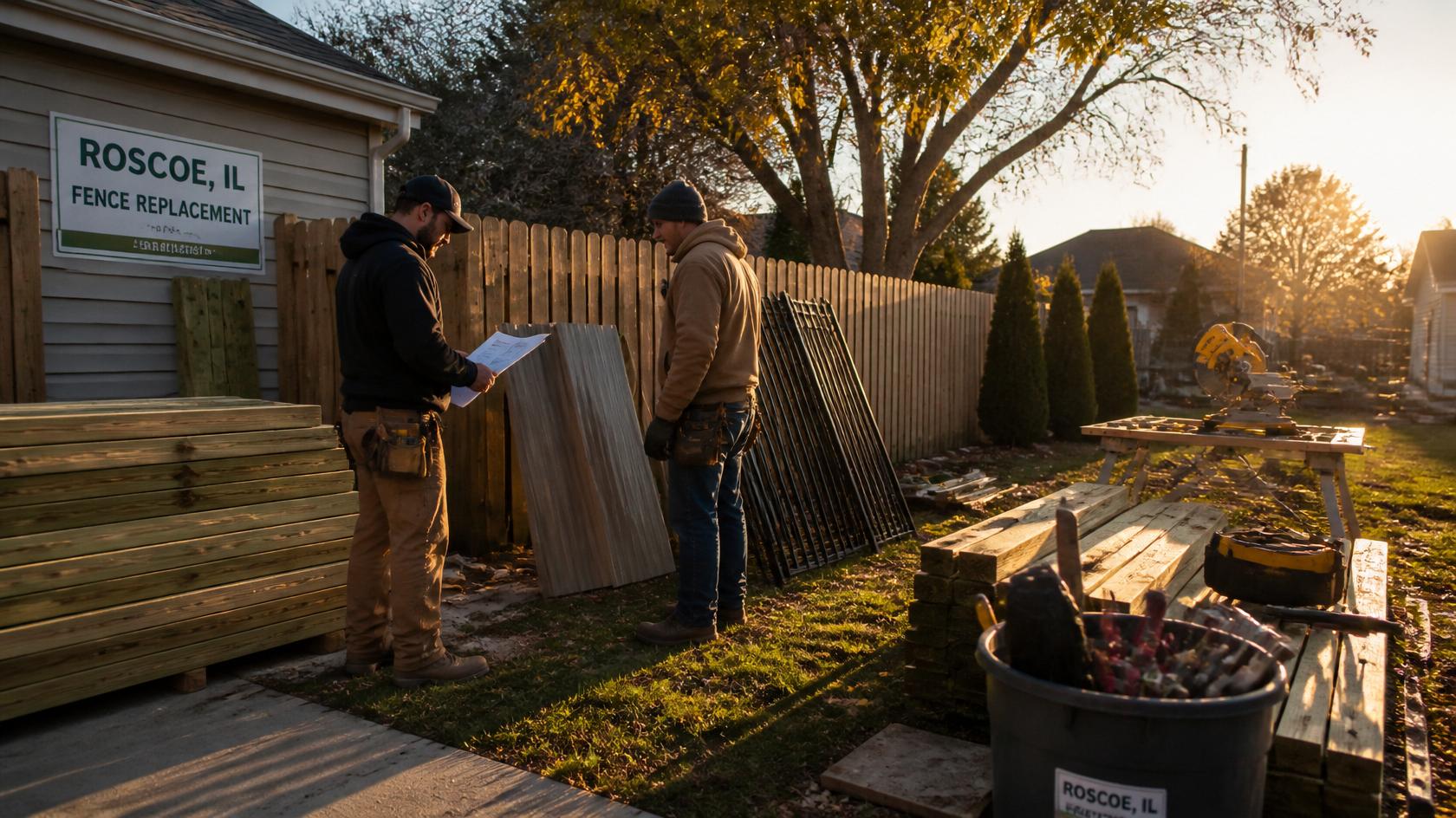 Fence replacement using durable fencing materials on a residential property in Roscoe IL. Fence replacement using durable fencing materials on a residential property in Roscoe IL.