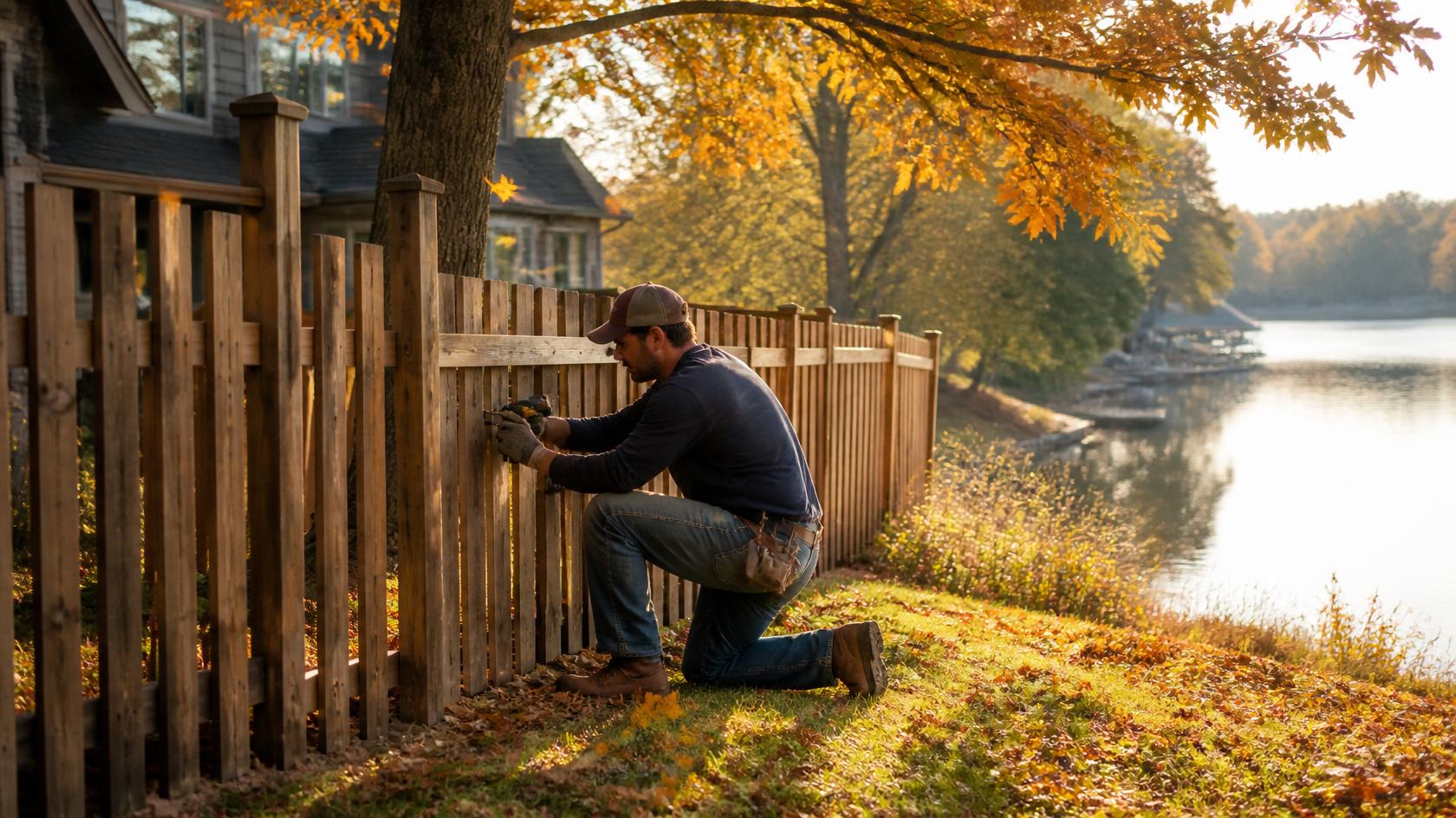 Residential fence undergoing seasonal maintenance in Lake Carroll IL. Residential fence undergoing seasonal maintenance in Lake Carroll IL.