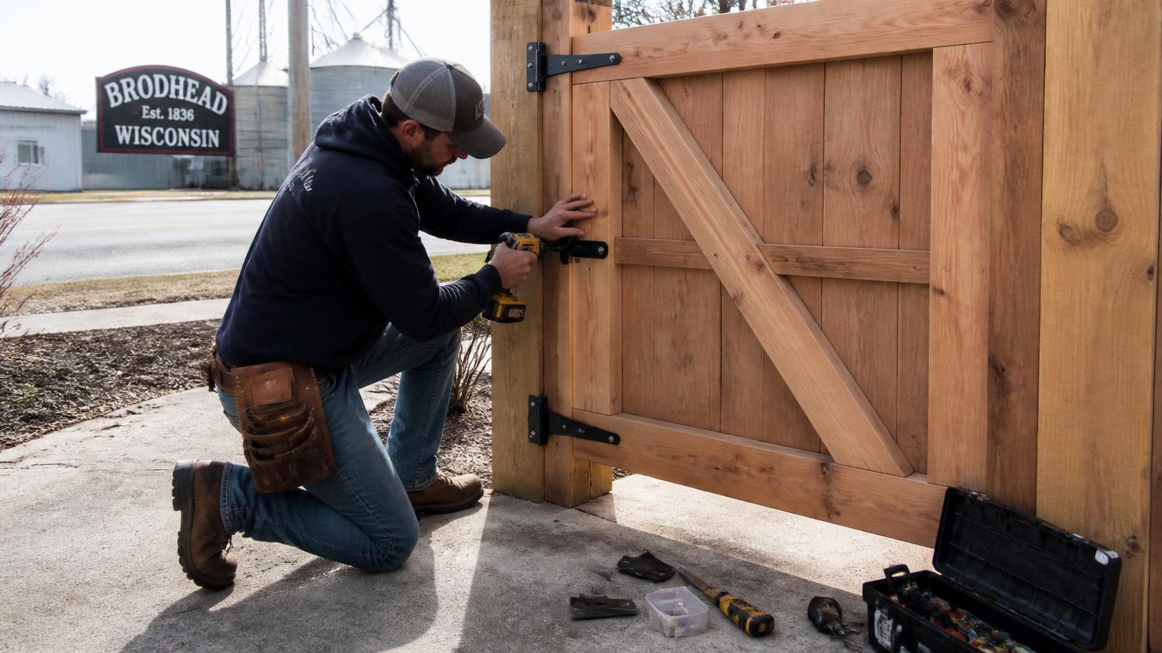 Residential fence gate being repaired in Brodhead WI.