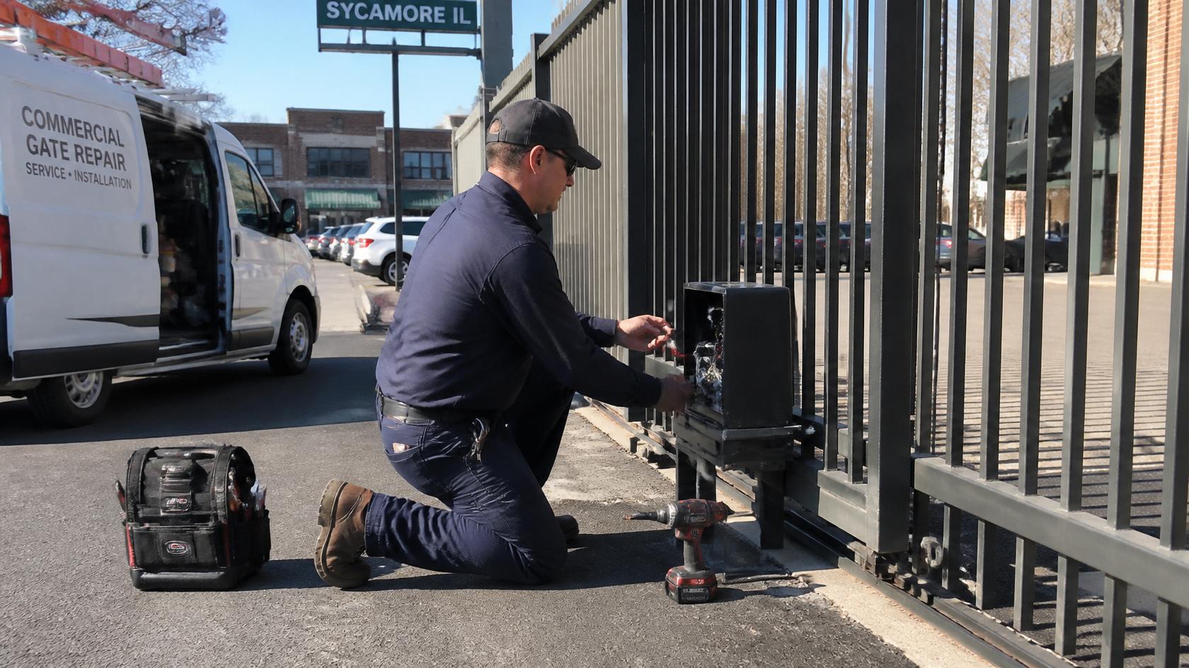 Commercial gate repair at a business property in Sycamore IL. Commercial gate repair at a business property in Sycamore IL.