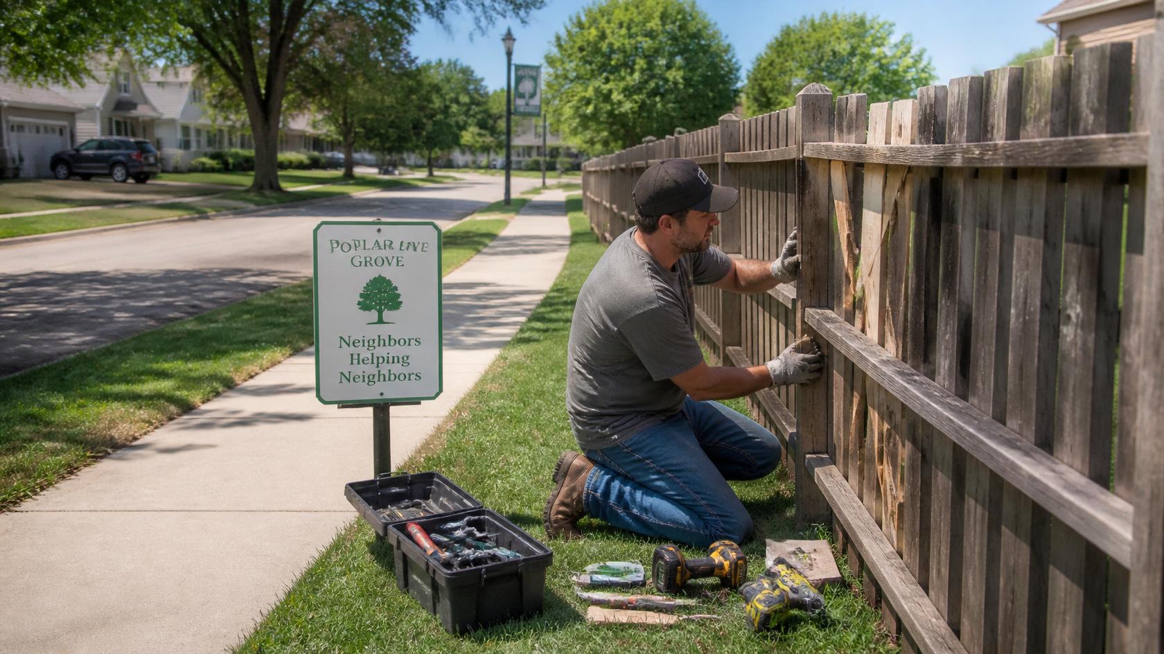 Wind-damaged residential fence being inspected in Poplar Grove IL.