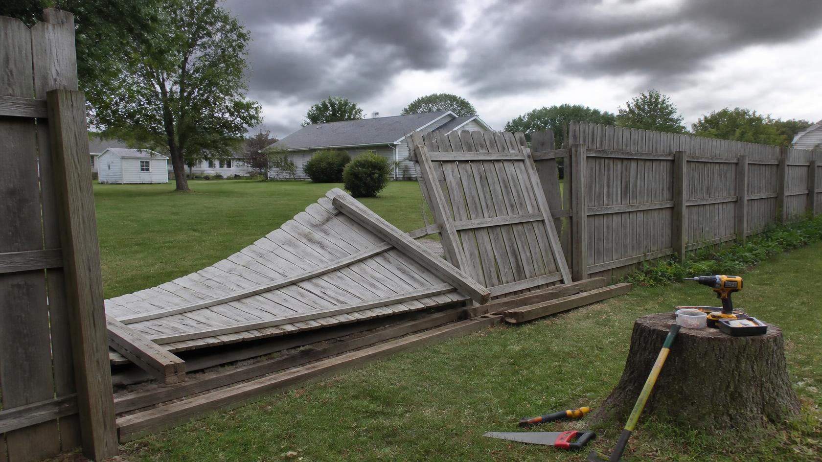 Contractor repairing storm- and winter-damaged fencing in Evansville, WI. Contractor repairing storm- and winter-damaged fencing in Evansville, WI.