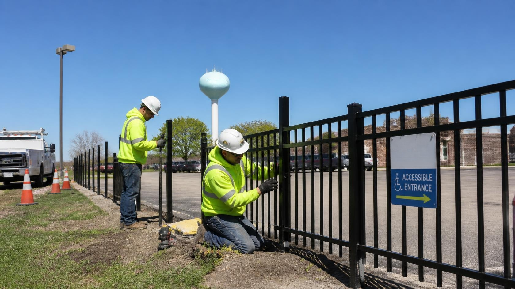 Commercial fence repair in Byron, IL to restore damaged sections and help secure the property perimeter. Commercial fence repair in Byron, IL to restore damaged sections and help secure the property perimeter.