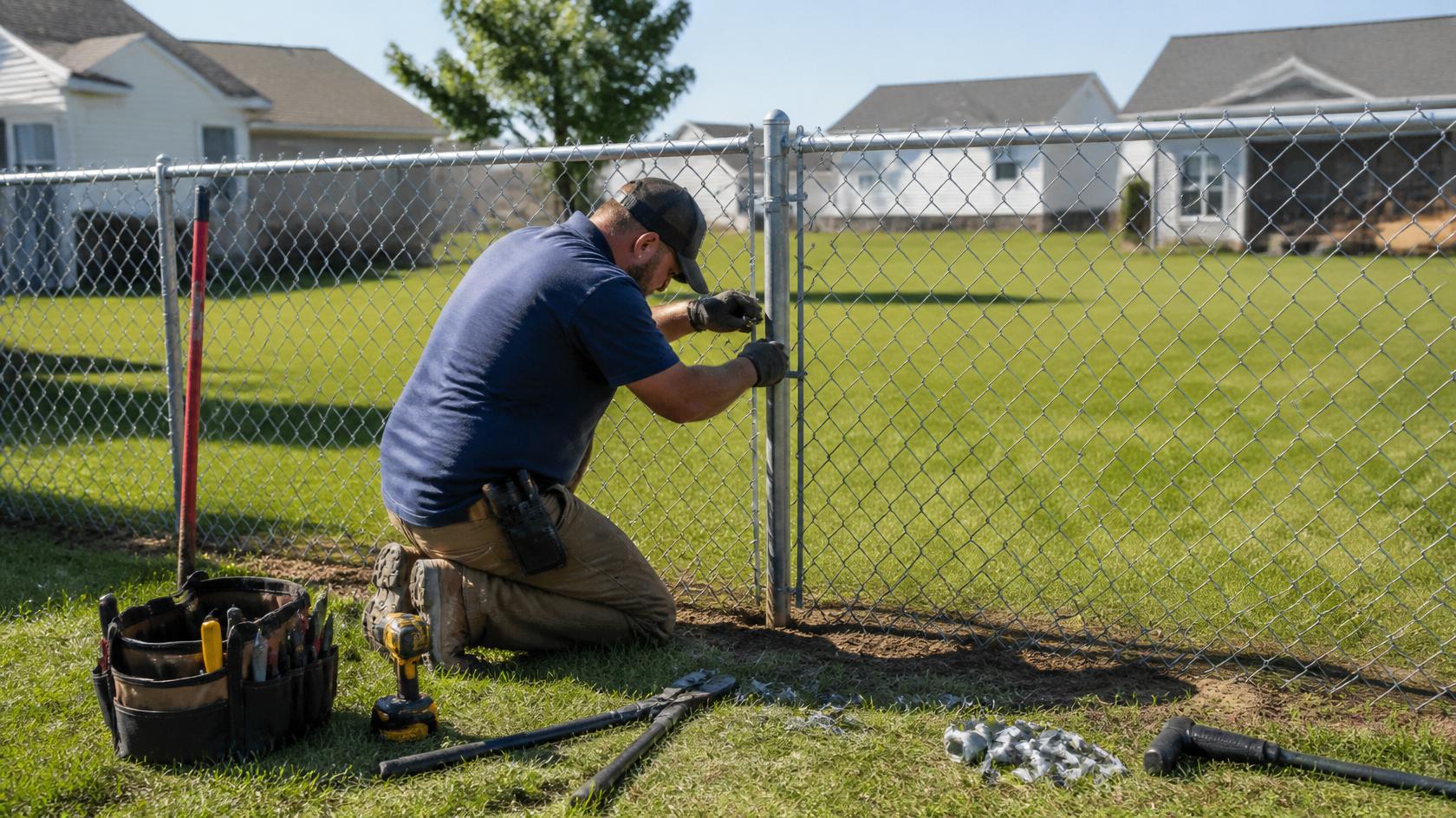 Chain link fence in Clinton, WI being inspected for damaged posts, mesh, and sections that may need repair or replacement. Chain link fence in Clinton, WI being inspected for damaged posts, mesh, and sections that may need repair or replacement.