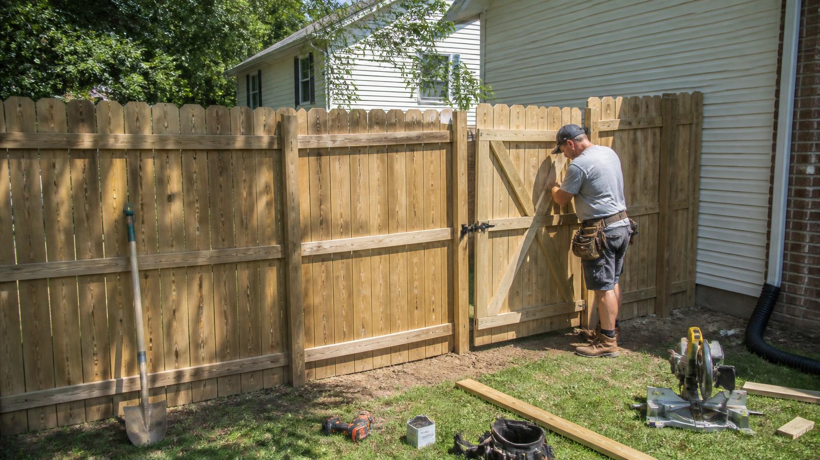 Residential fence in Genoa, IL being inspected for damaged gates, posts, and panels that may need repair. Residential fence in Genoa, IL being inspected for damaged gates, posts, and panels that may need repair.