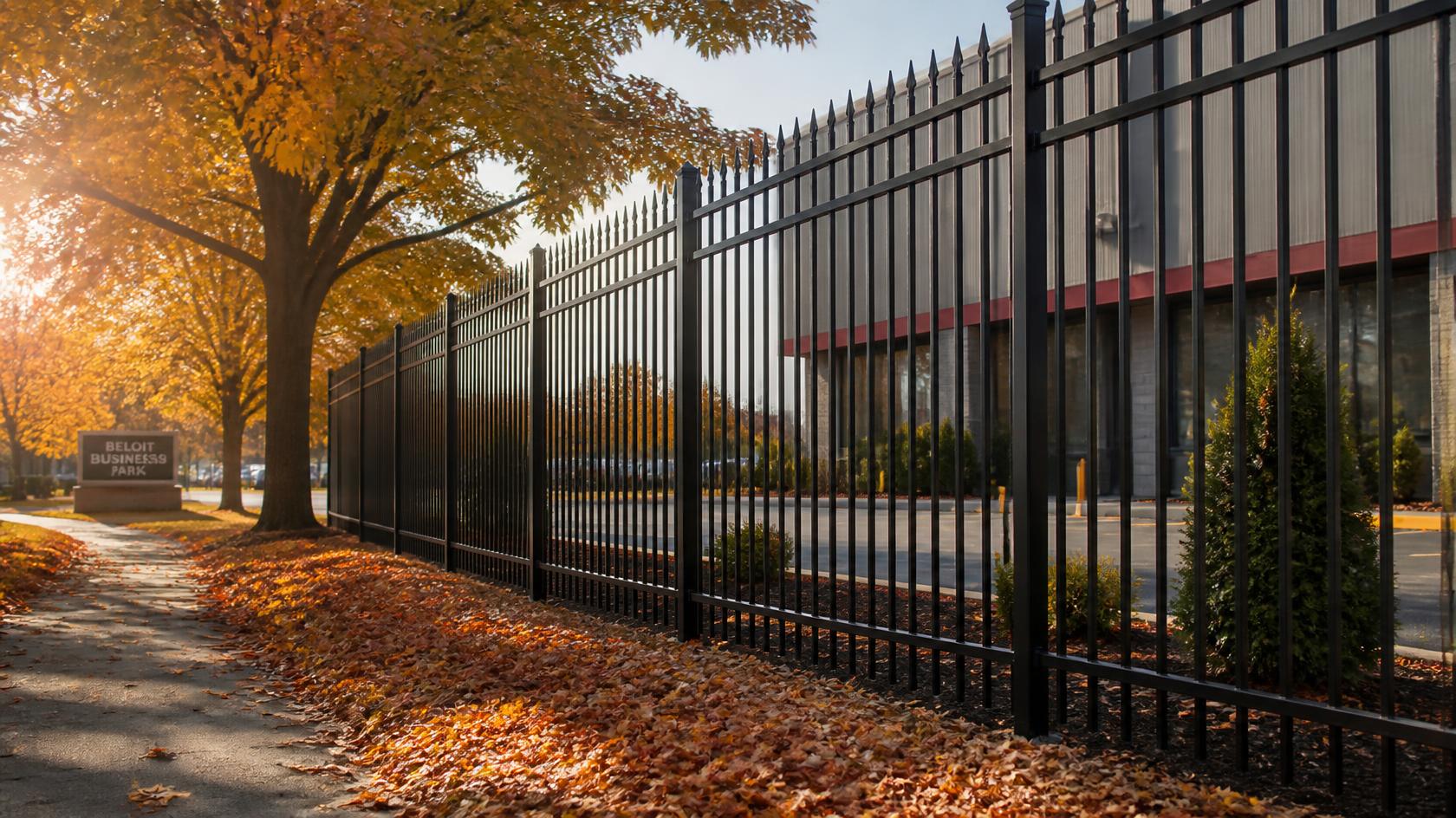 Commercial fence in Loves Park, IL undergoing fall maintenance with gates, posts, panels, and perimeter areas being inspected.