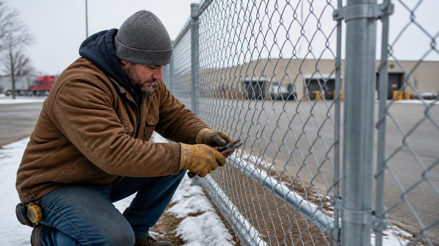 Chain link fence at a business property in Loves Park, IL being repaired before winter to help maintain perimeter security.