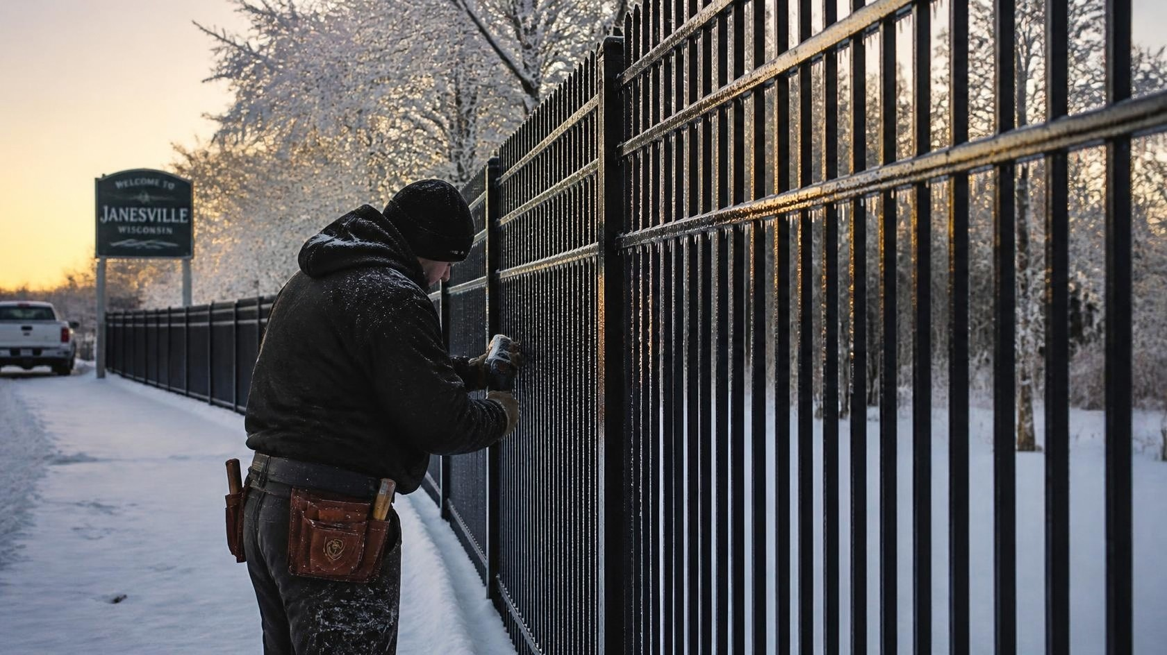 Security fence in Janesville, WI being maintained around a property lot and perimeter before winter weather.