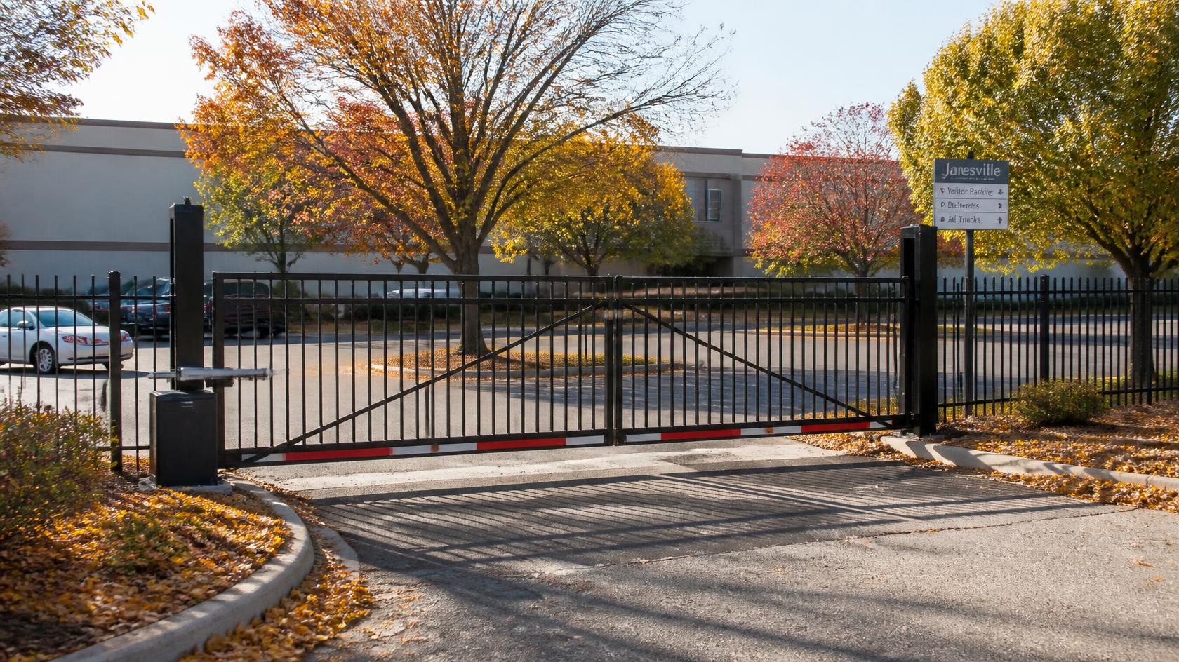 Commercial gate in Janesville, WI receiving fall maintenance for hardware, alignment, latches, and proper operation.