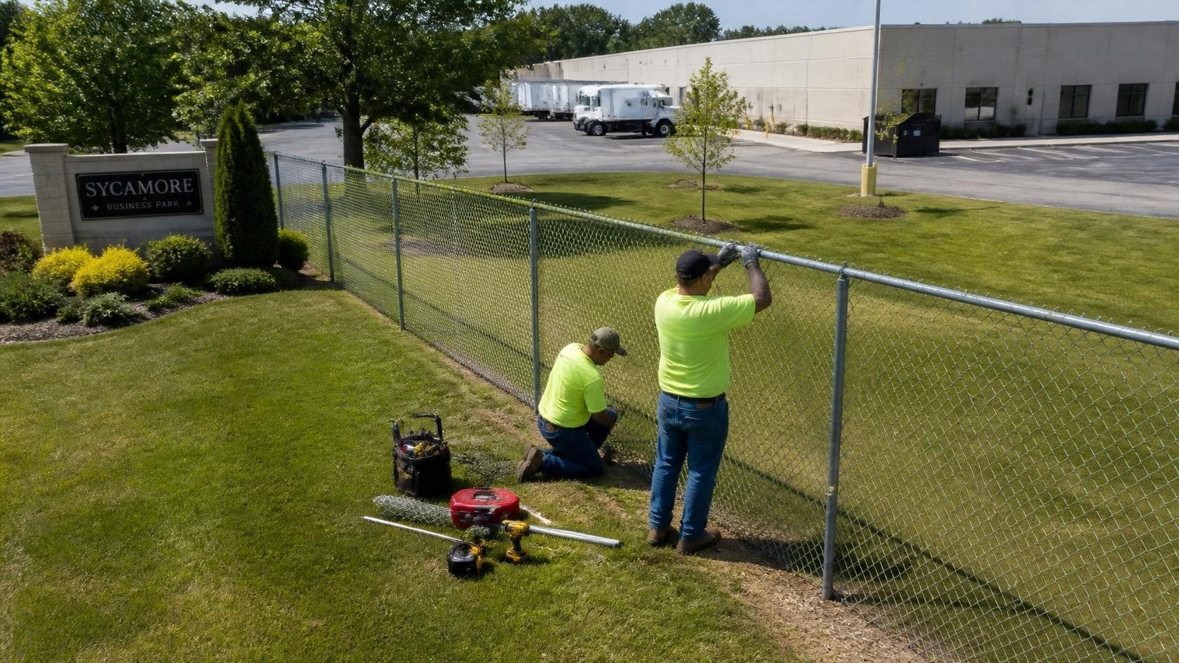 Commercial chain link fence in Sycamore, IL being repaired to maintain a secure perimeter and address damaged mesh, posts, and connections.