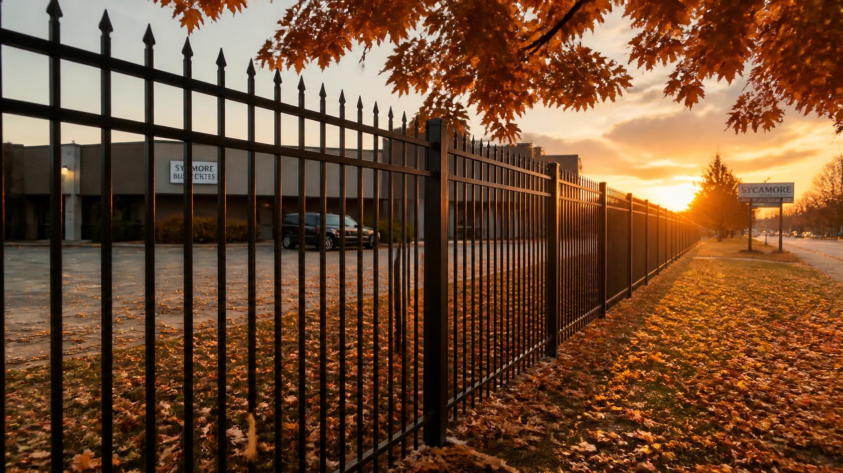 Commercial fence in Sycamore, IL undergoing fall maintenance with posts, panels, gates, hardware, and perimeter areas being inspected.