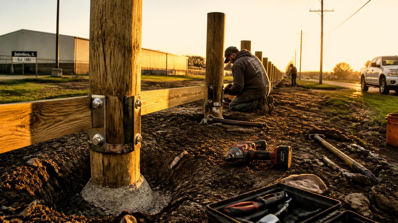 Commercial fence posts in Belvidere, IL being repaired to improve stability before freeze-thaw weather affects the property. Commercial fence posts in Belvidere, IL being repaired to improve stability before freeze-thaw weather affects the property.