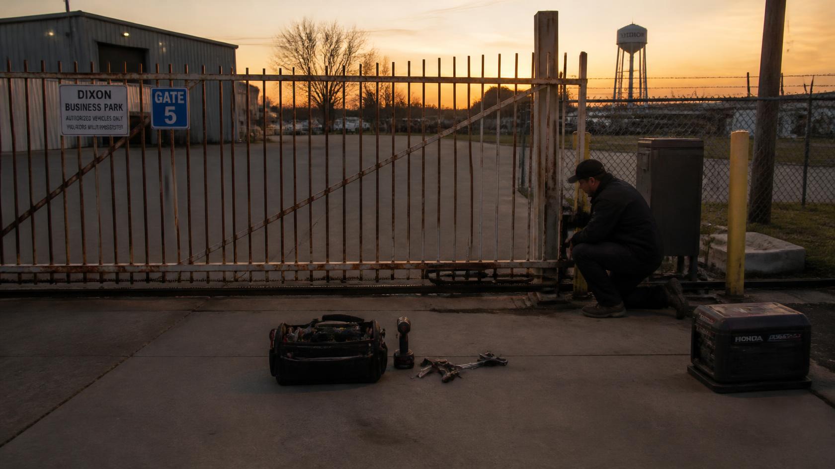Commercial entrance gate in Dixon, IL being inspected for alignment, hardware, latch, and other common repair problems.