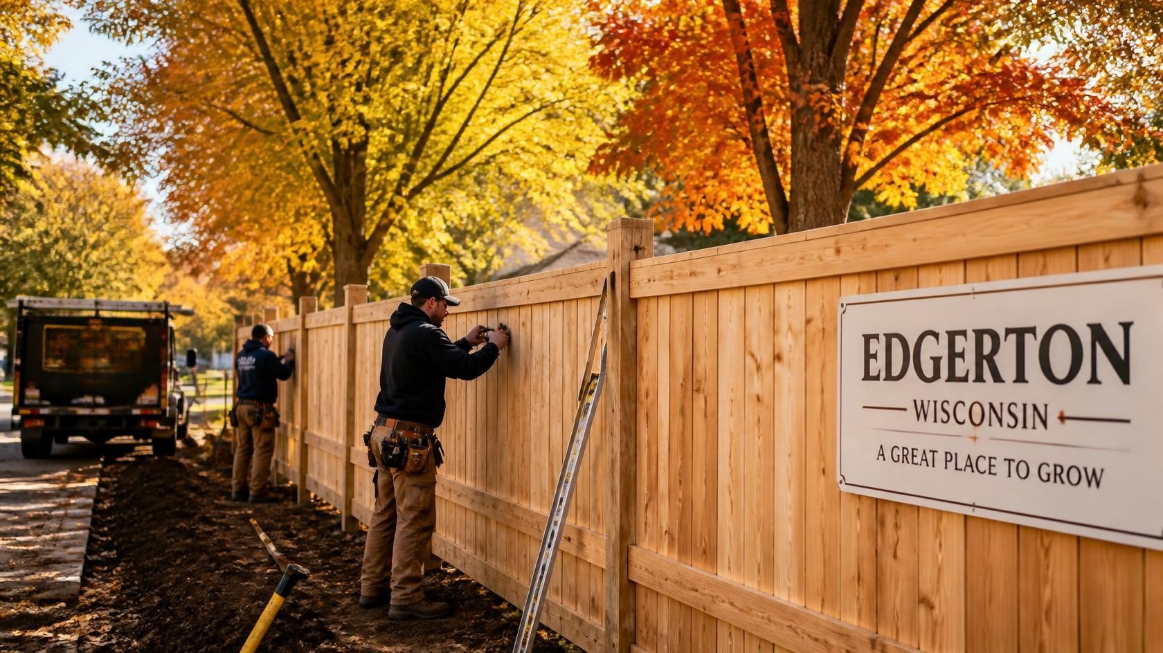 Commercial fence installation in Edgerton, WI with property managers planning materials, perimeter layout, gates, and fall project scheduling.