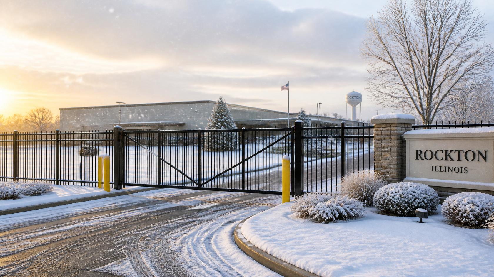 Commercial fence in Rockton, IL being inspected for winter readiness, including perimeter security, gate operation, access points, and damaged sections.