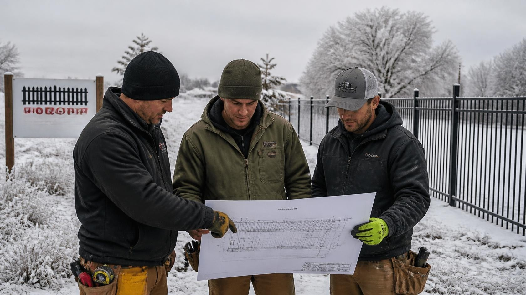 Commercial property manager and fencing contractor reviewing fence lines, gates, and access points in Oregon, IL to prepare the property for winter operations. Commercial property manager and fencing contractor reviewing fence lines, gates, and access points in Oregon, IL to prepare the property for winter operations.