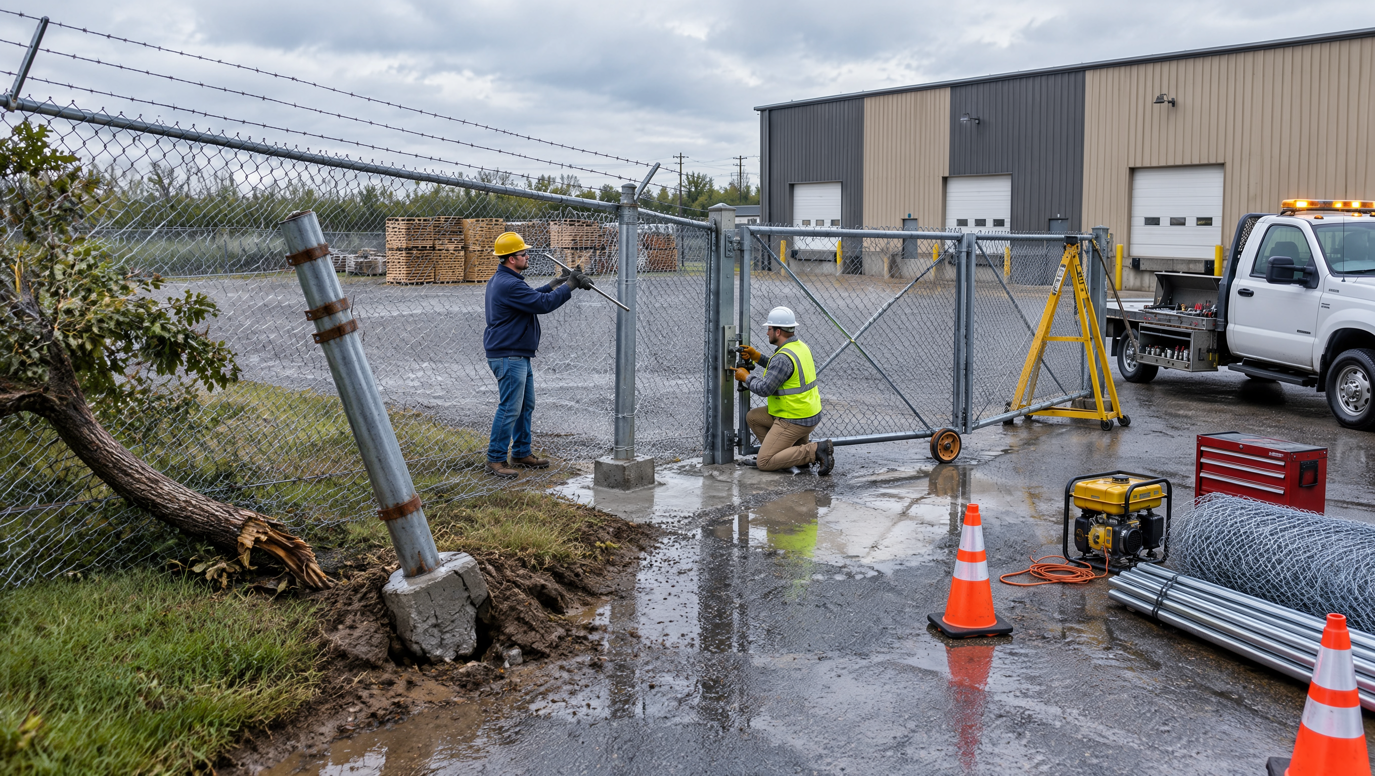 Fence contractor repairing a commercial fence in Rochelle, IL, addressing weather-damaged panels, faulty gates, and weakened fence sections. Fence contractor repairing a commercial fence in Rochelle, IL, addressing weather-damaged panels, faulty gates, and weakened fence sections.