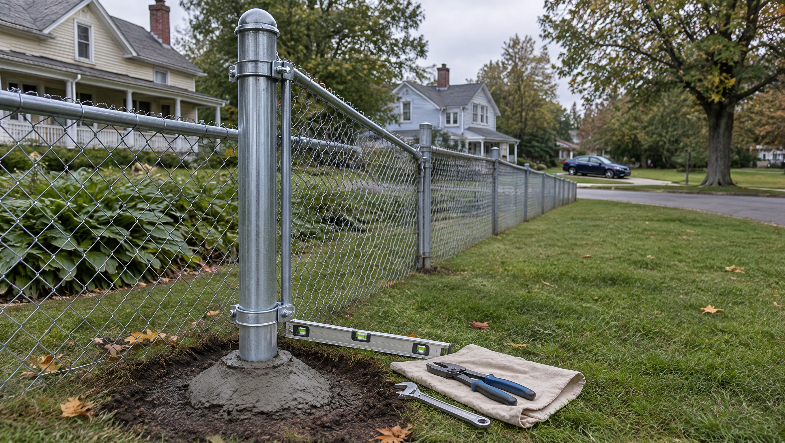 Contractor stabilizing a chain link fence post in Rochelle, IL, repairing a leaning support to help keep the fence secure and properly aligned. Contractor stabilizing a chain link fence post in Rochelle, IL, repairing a leaning support to help keep the fence secure and properly aligned.