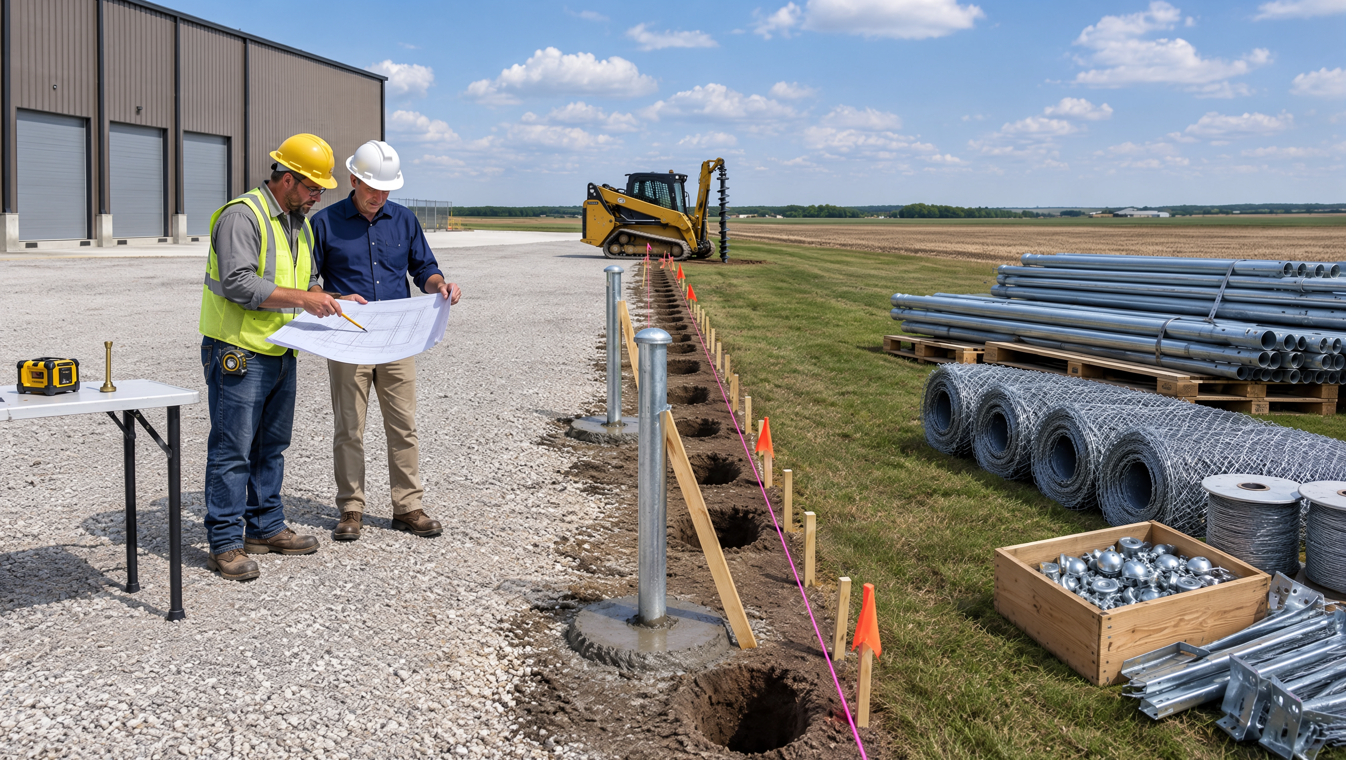 Commercial fencing contractor reviewing site measurements, installation plans, and project stages with a property owner in Rochelle, IL. Commercial fencing contractor reviewing site measurements, installation plans, and project stages with a property owner in Rochelle, IL.