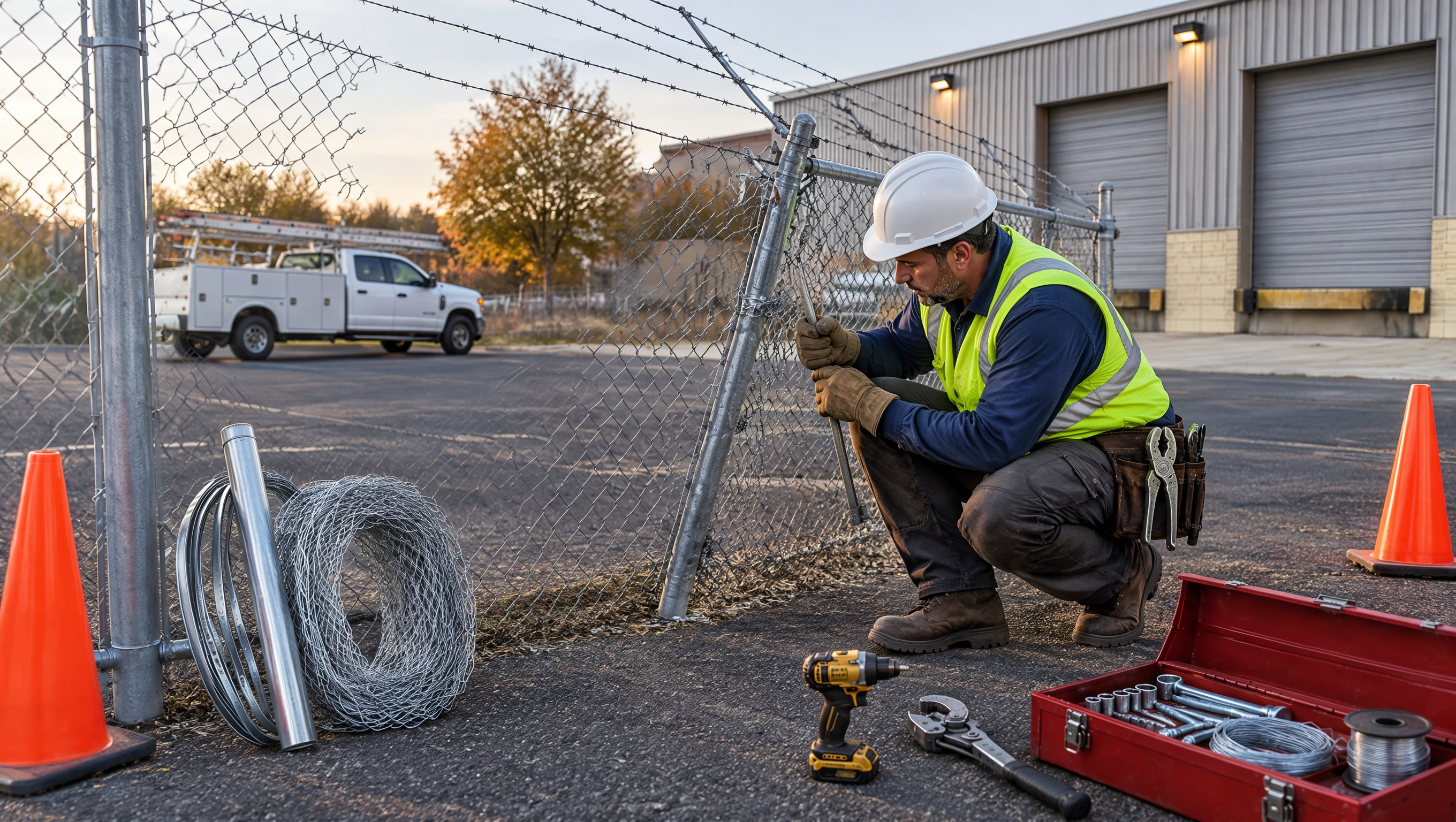 Security fence contractor inspecting damaged commercial fencing in Marengo, IL, checking loose mesh, unstable posts, and gate hardware while discussing repair options with a business owner. Security fence contractor inspecting damaged commercial fencing in Marengo, IL, checking loose mesh, unstable posts, and gate hardware while discussing repair options with a business owner.