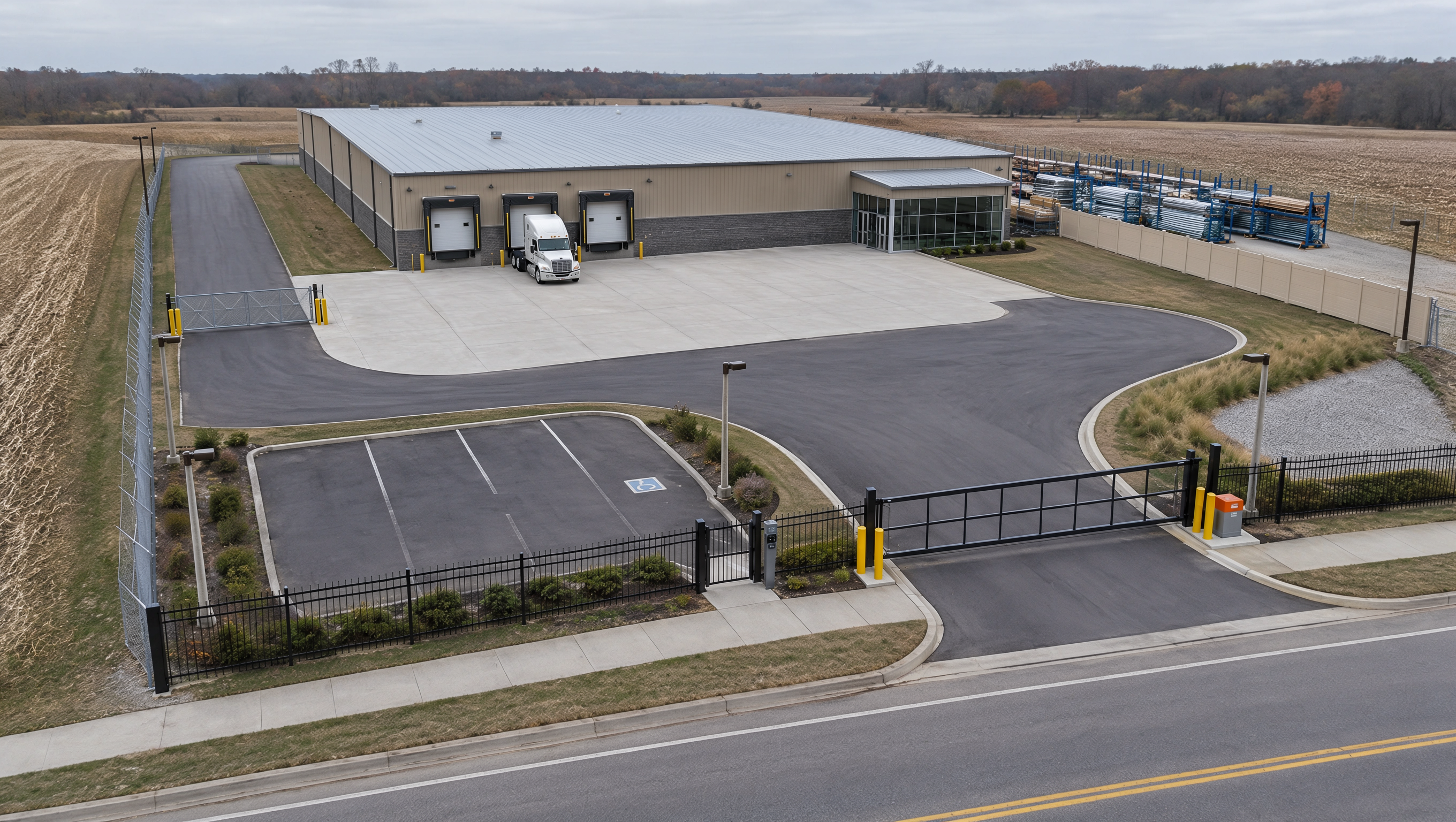 Commercial property owner in Marengo, IL, reviewing fence materials, gate placement, site measurements, and installation costs with a fencing contractor.