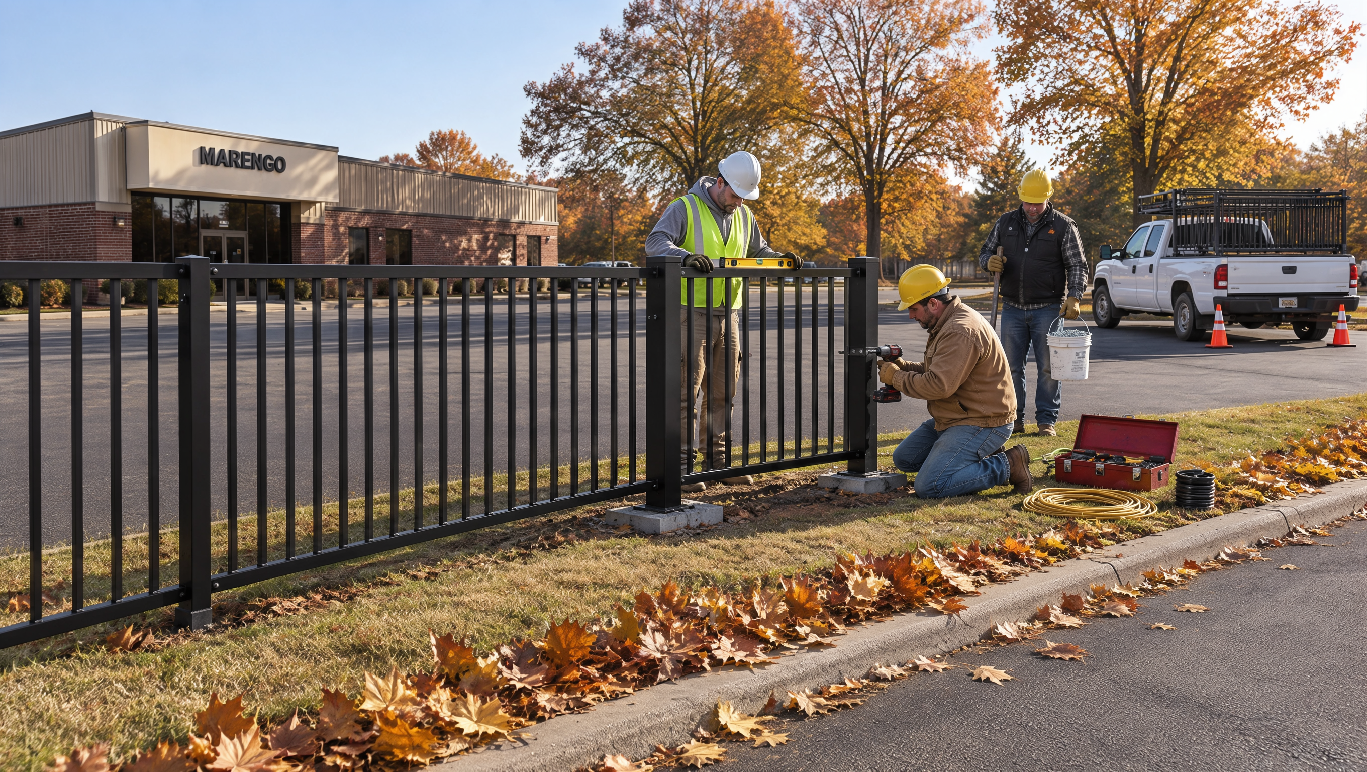 Commercial fencing contractor preparing a business property in Marengo, IL, measuring the perimeter and setting fence posts for an installation before winter.