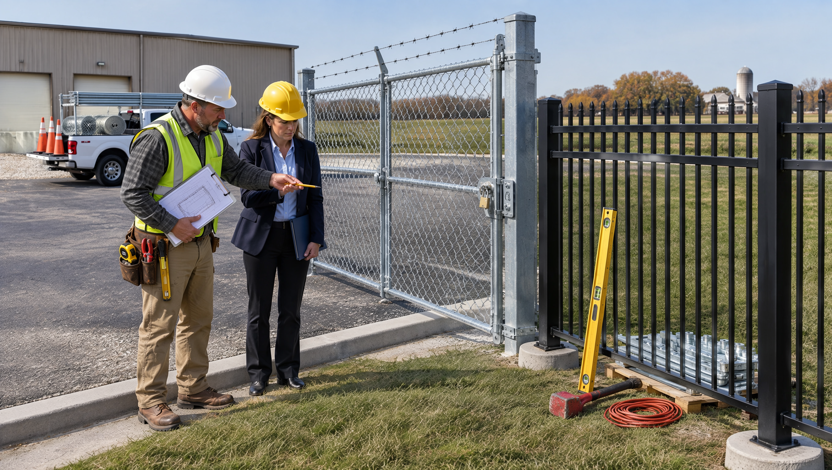 Business owner in Clinton, WI, discussing commercial fence materials, installation experience, project timelines, and security requirements with a fencing contractor.
