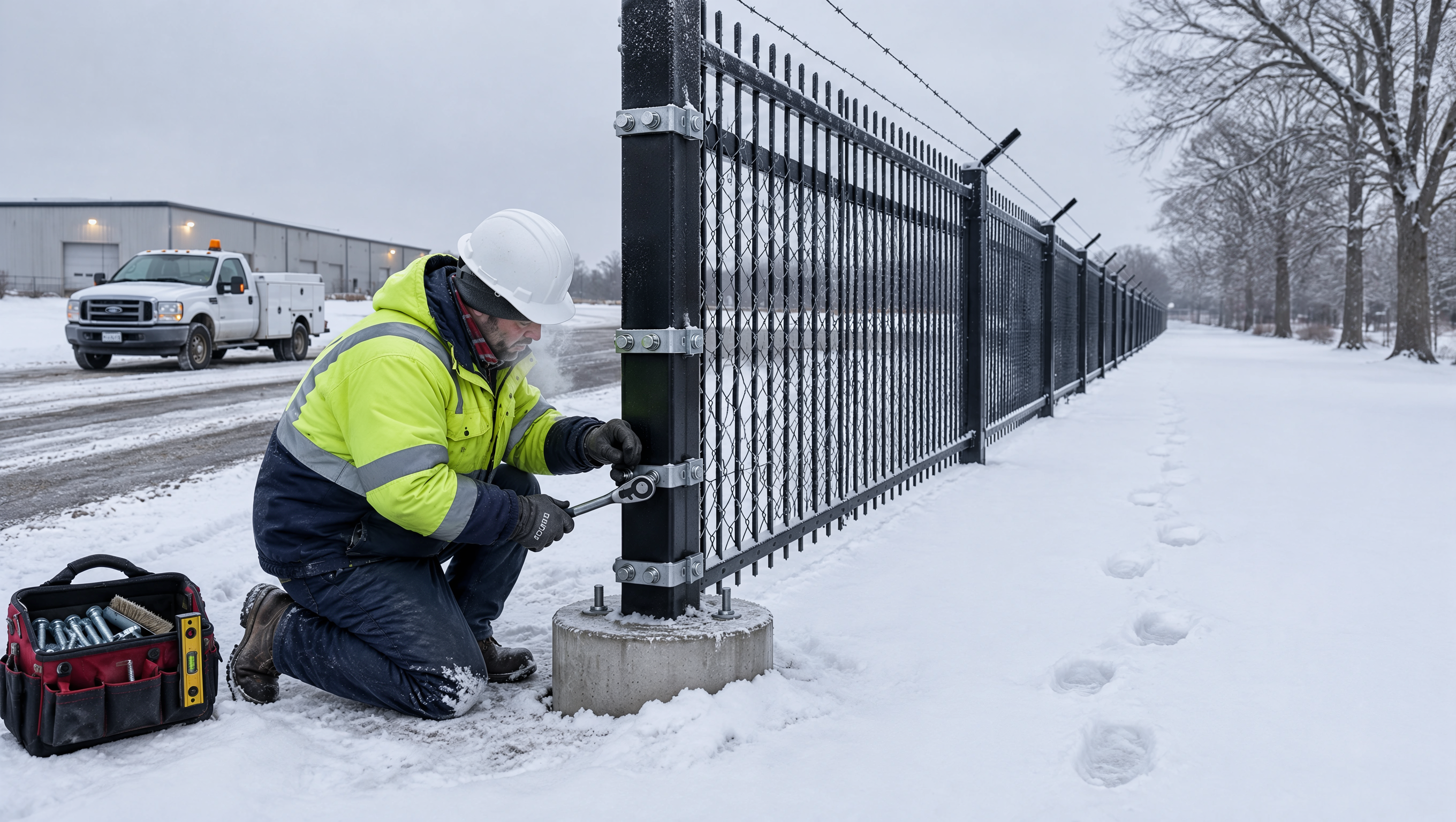 Contractor inspecting a commercial security fence in Clinton, WI, checking loose connections, damaged mesh, unstable posts, and gate hardware before winter. Contractor inspecting a commercial security fence in Clinton, WI, checking loose connections, damaged mesh, unstable posts, and gate hardware before winter.