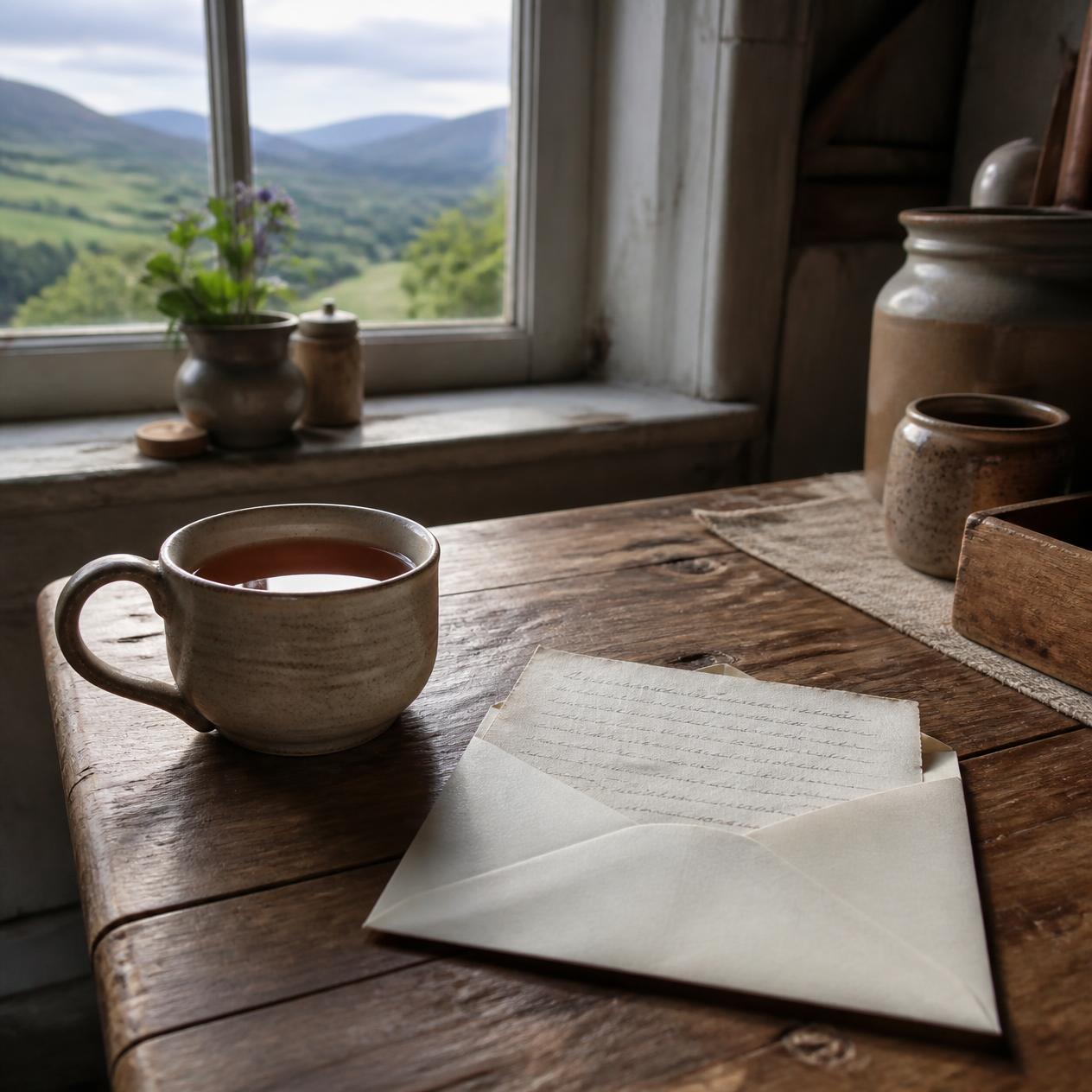 A letter and a cup of tea on a farmhouse table with Welsh hills outside