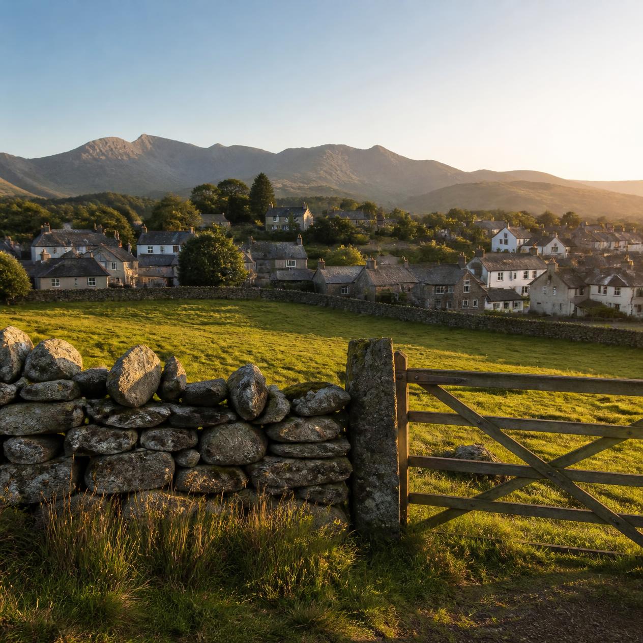 Fields and a farm gate above a Welsh village