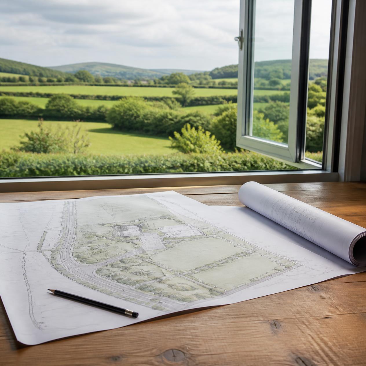 Site plans on a table by a window