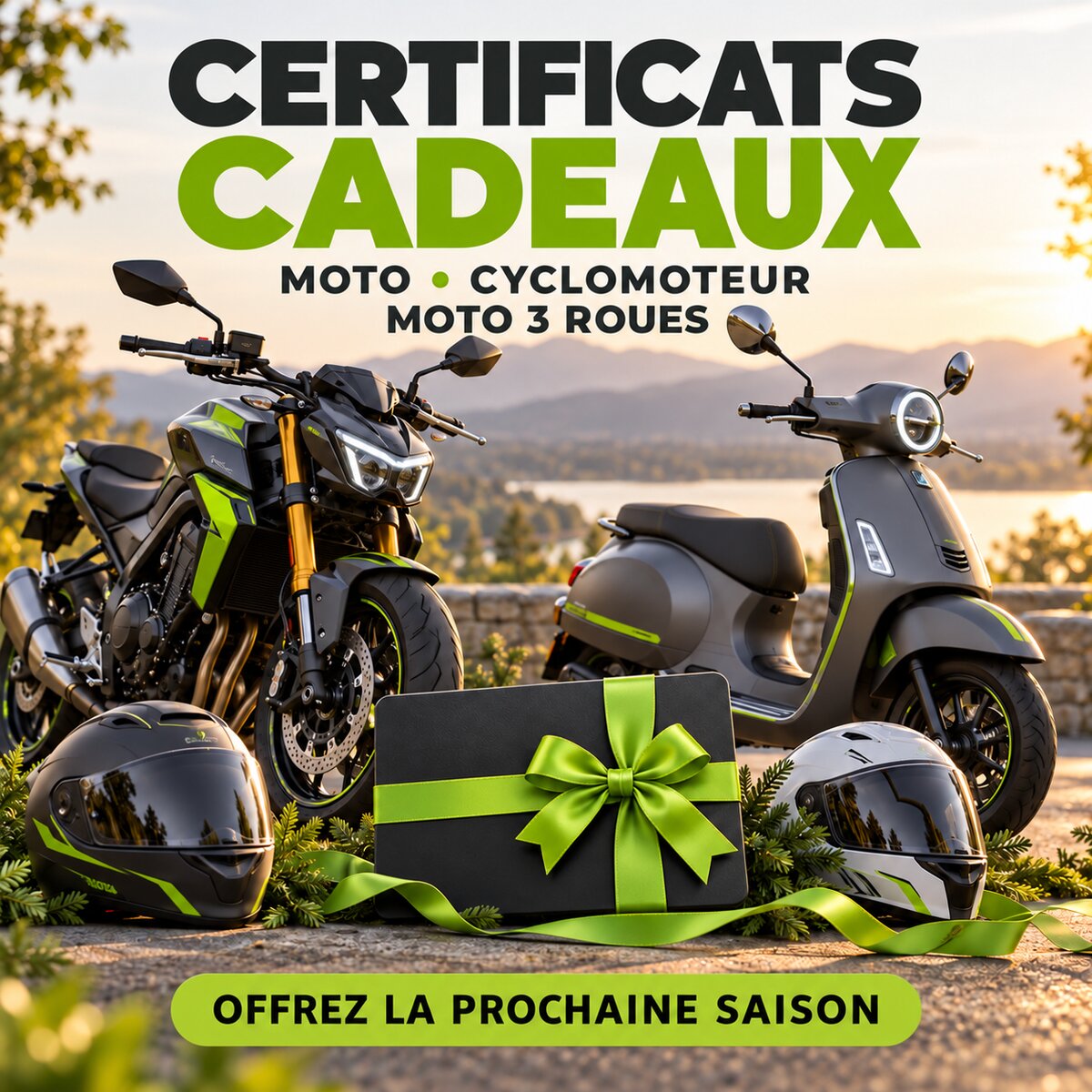 Certificats cadeaux — moto, cyclomoteur, moto 3 roues. Offrez la prochaine saison.