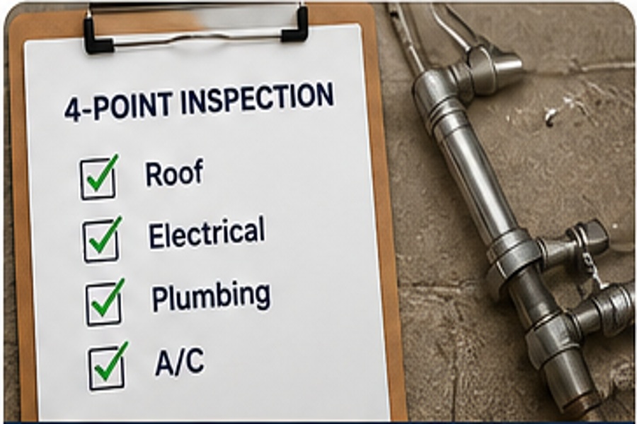 Four-point inspection checklist covering the roof, electrical, plumbing and A/C systems of a Florida home
