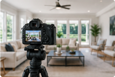 Professional camera photographing a bright living room inside a Plantation, Florida home.