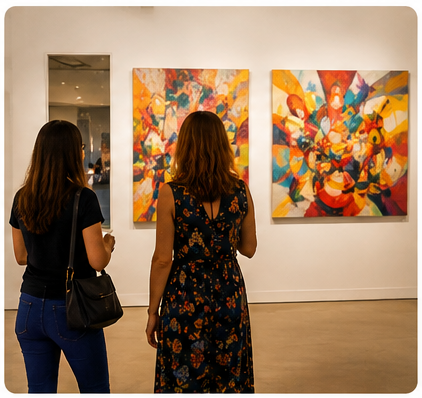 Visitors viewing colorful artwork at a Broward County gallery during a weekend art event.