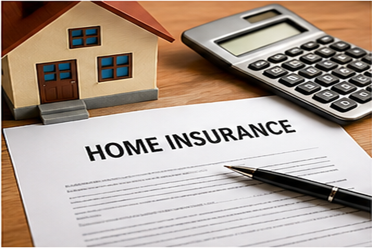 Home insurance paperwork, calculator and house representing rising home insurance costs for Broward County homeowners.