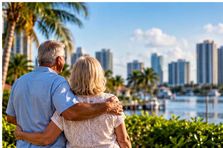 Older Florida homeowners overlooking a Broward County waterfront community while considering downsizing and Save Our Homes portability.