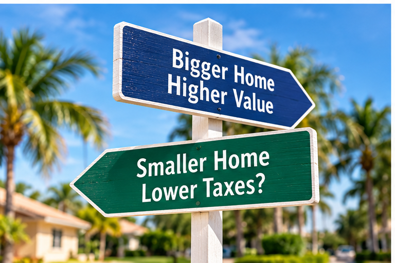 Florida directional signs comparing a bigger home with a smaller home and the potential property tax impact of downsizing.